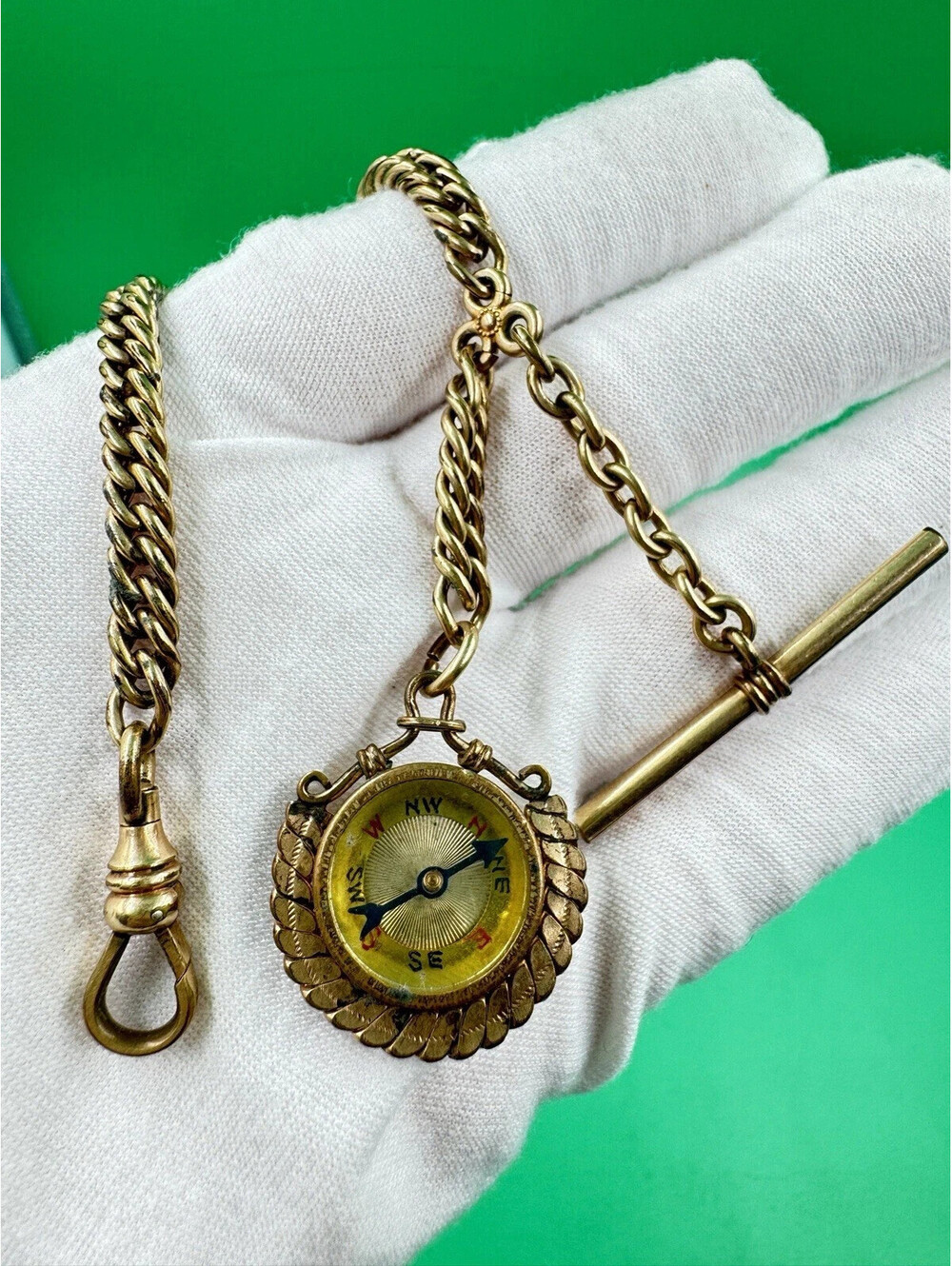 Vintage Yellow Gold Filled T Bar Watch Chain 13” Dog Clip JFS Sons With Compass